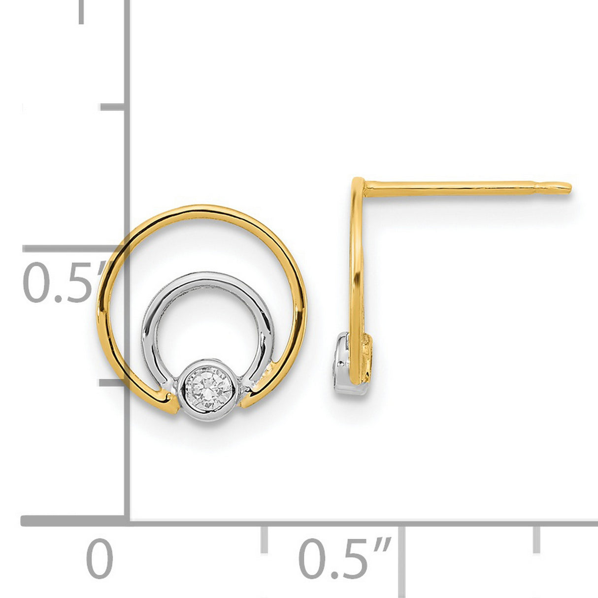 14k Yellow Gold Stud Earrings with Cubic Zirconia, Double Circle Two-Tone Geometric Design