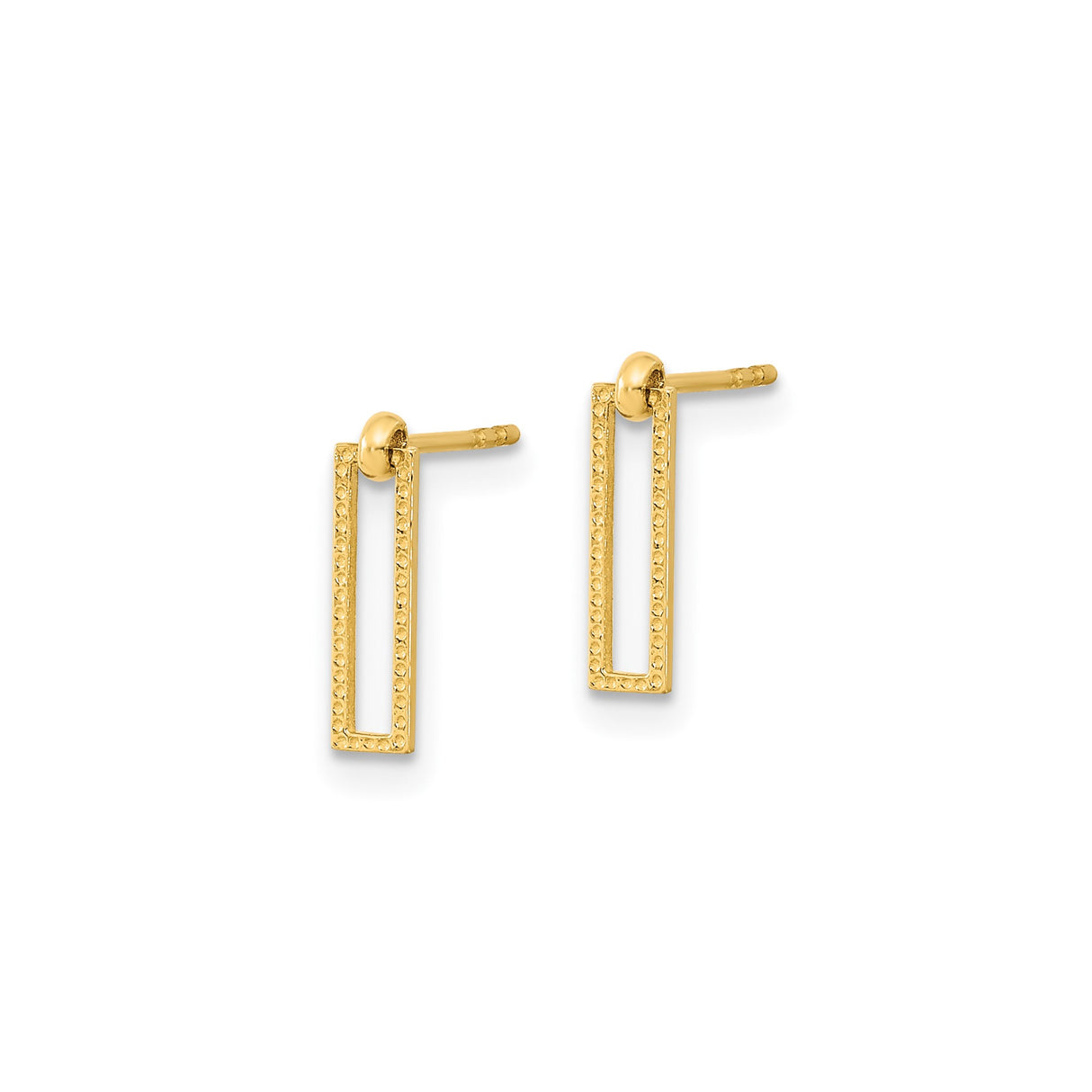 14k Yellow Gold Geometric Drop Earrings with Open Rectangle Bar Design, Modern Minimalist Style