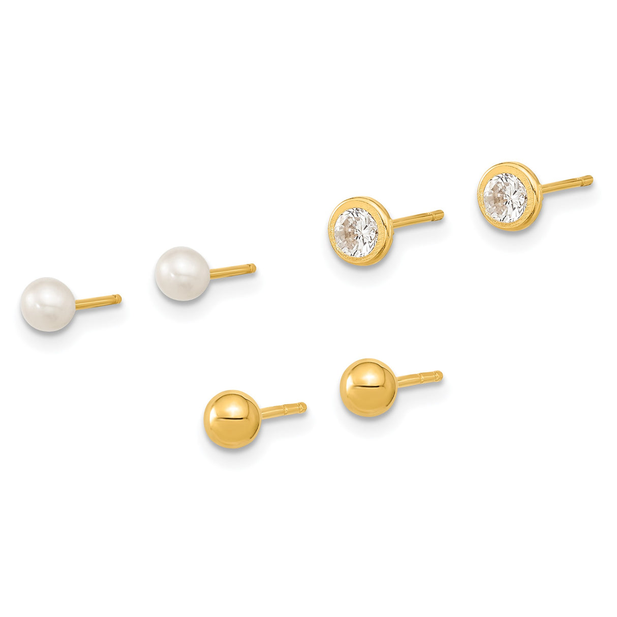 14k Yellow Gold Stud Earrings Set, White Pearl, Ball Studs, Bezel Set Cubic Zirconia
