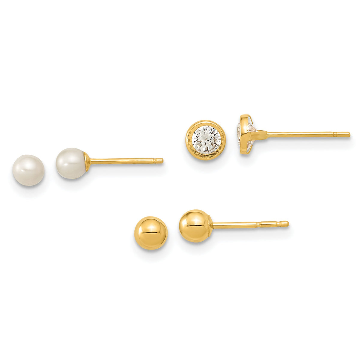 14k Yellow Gold Stud Earrings Set, White Pearl, Ball Studs, Bezel Set Cubic Zirconia