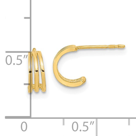 14k Yellow Gold Triple Hoop Stud Earrings, Sleek Modern Layered Design for Women