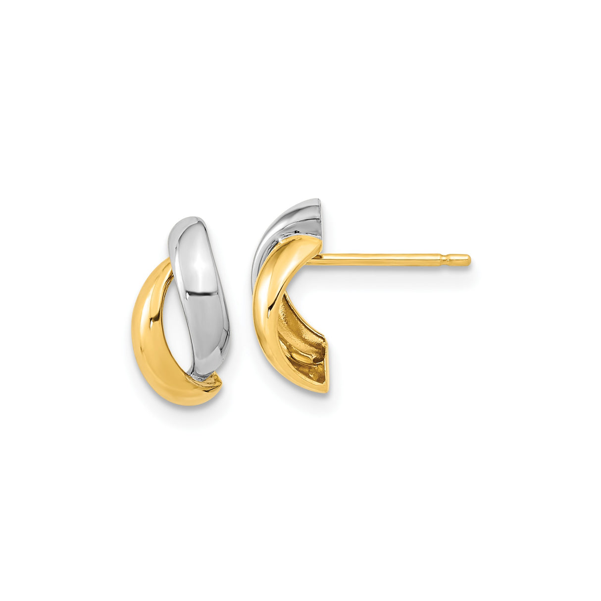 14k Yellow Gold Hoop Stud Earrings with Twisted Two Tone Design and Polished Finish