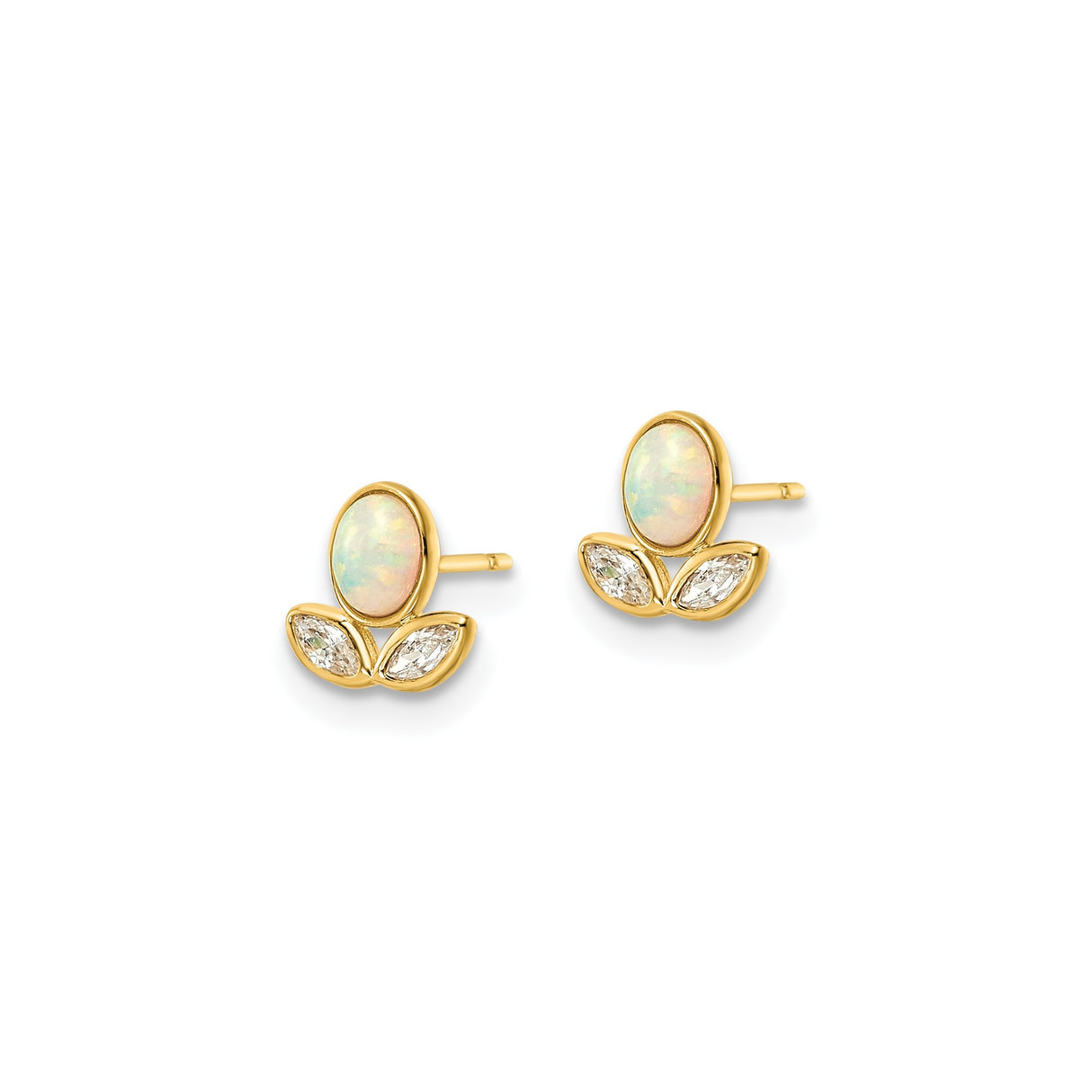 14k Yellow Gold Stud Earrings with Oval Opal and Cubic Zirconia, Floral Leaf Design