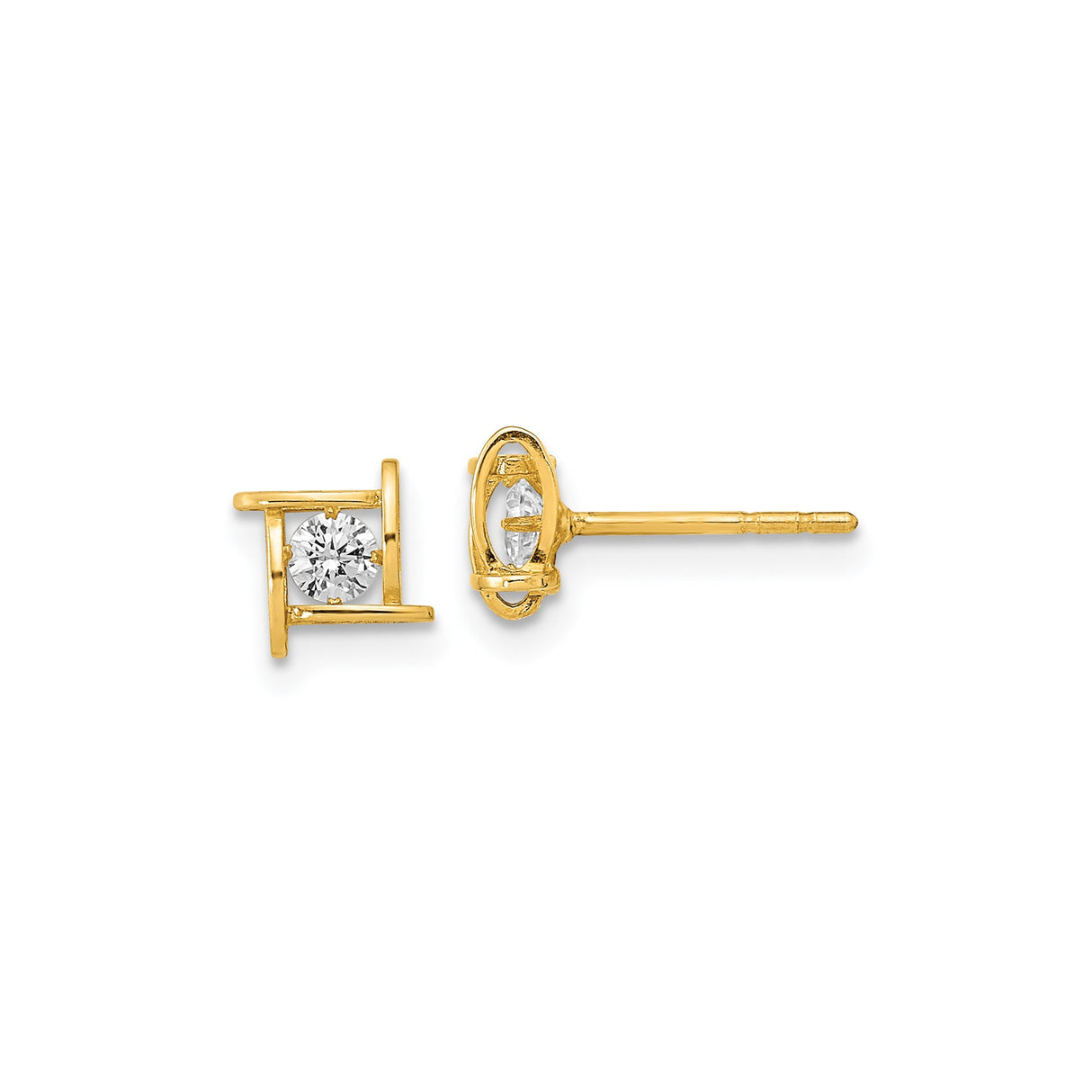 14k Yellow Gold Stud Earrings with Cubic Zirconia, Modern Square Design, Minimalist Style