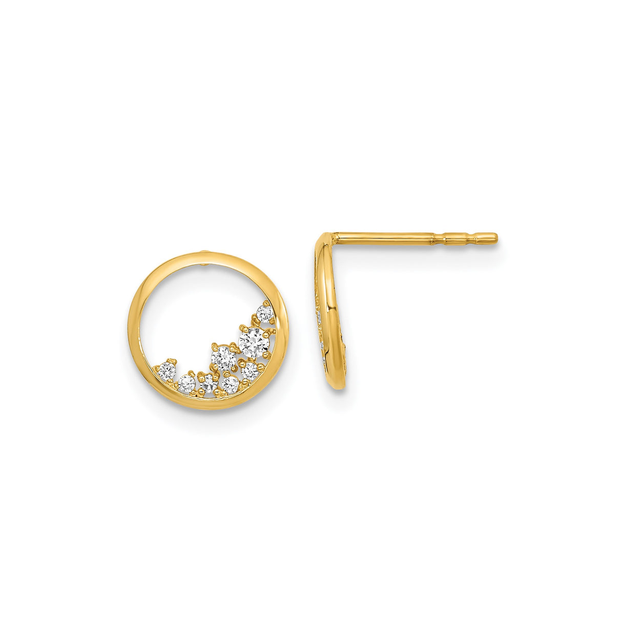 14k Yellow Gold Circle Stud Earrings with Cubic Zirconia Crescent Cluster Design