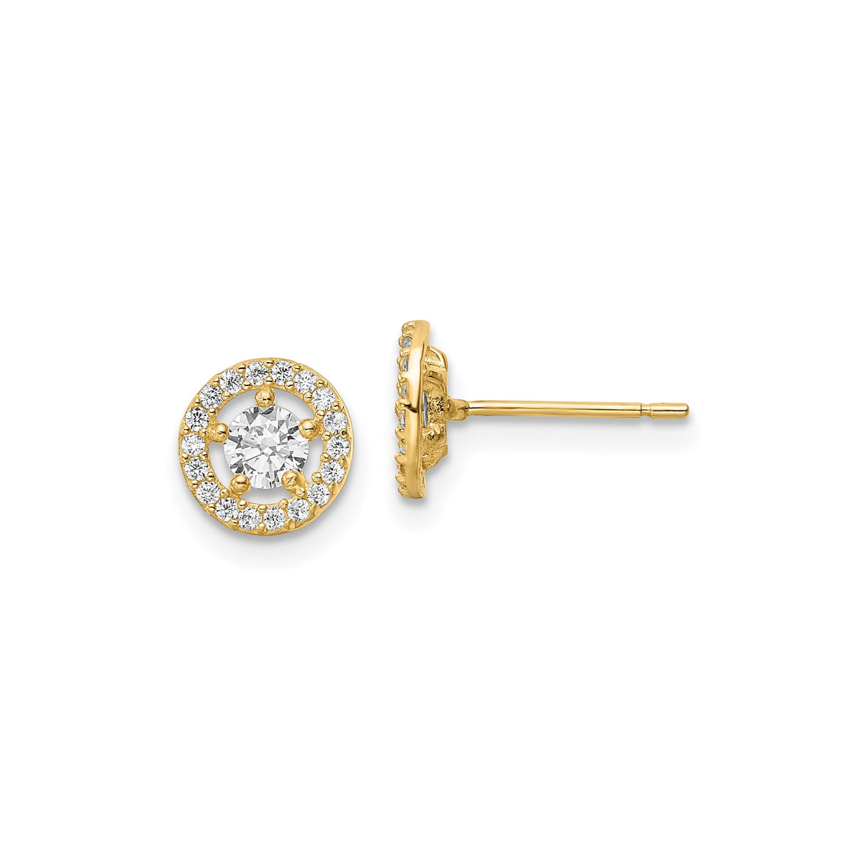 14k Yellow Gold Stud Earrings with Cubic Zirconia, Round Halo Design for Women