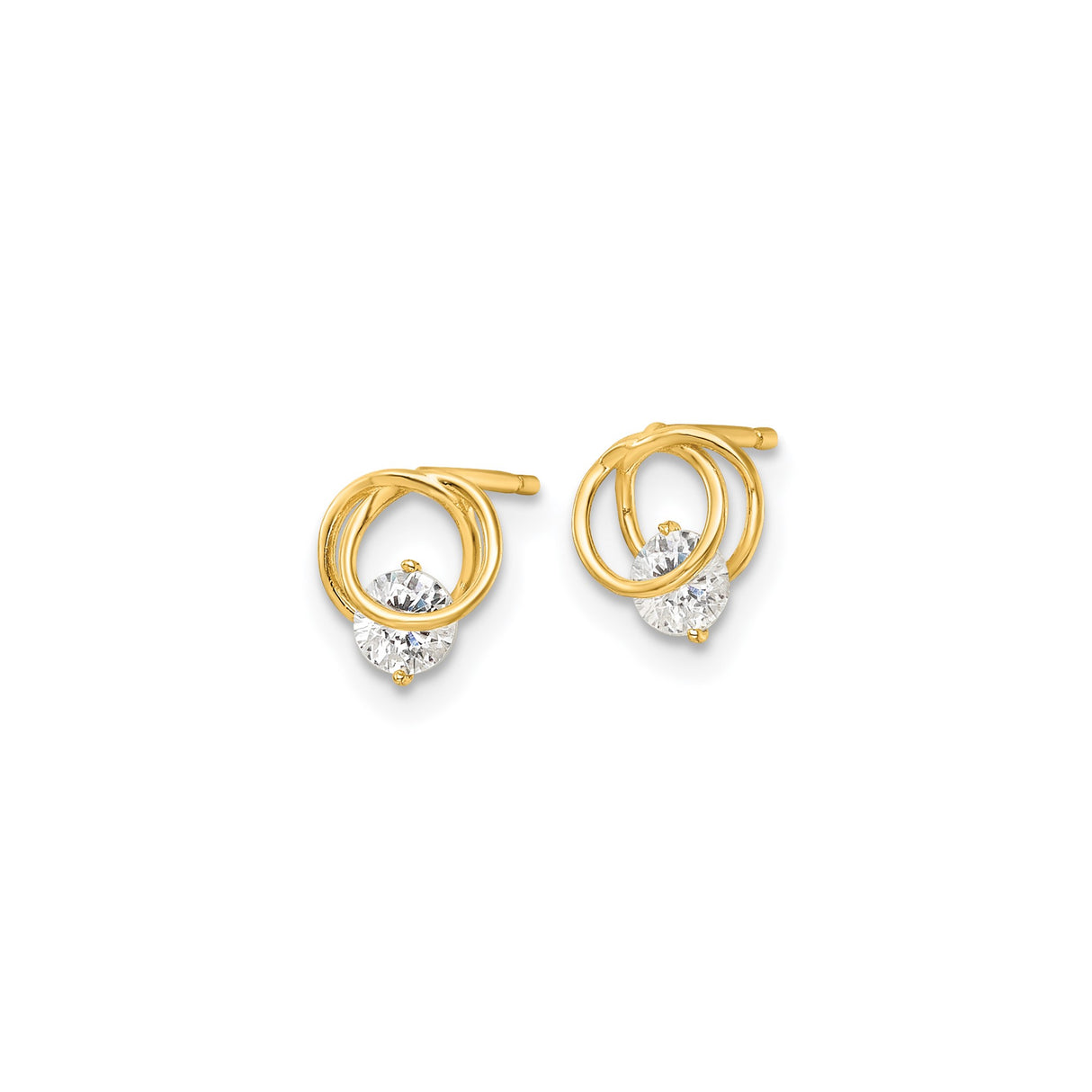 14k Yellow Gold Stud Earrings with Round Cut Cubic Zirconia, Interlocking Swirl Design