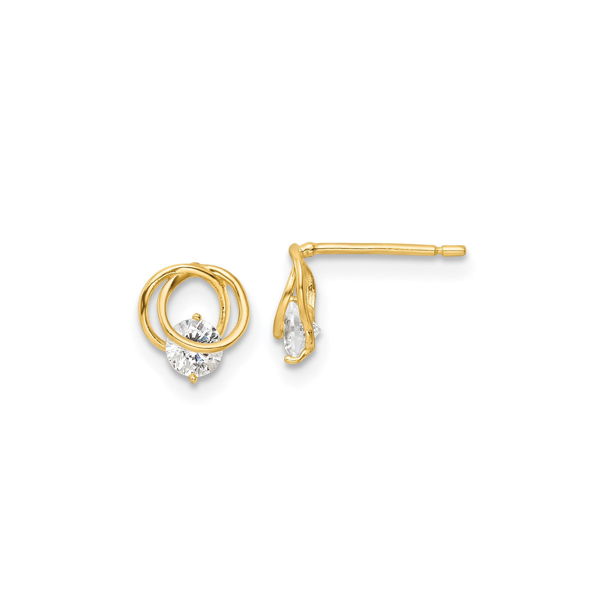 14k Yellow Gold Stud Earrings with Round Cut Cubic Zirconia, Interlocking Swirl Design