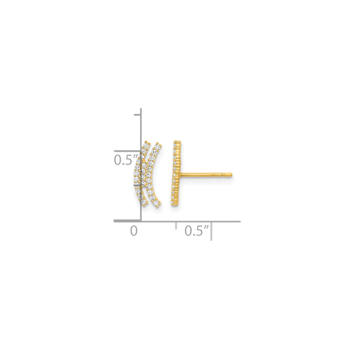 14k Yellow Gold Curved Bar Stud Earrings with Cubic Zirconia, Modern Minimalist Ear Climbers