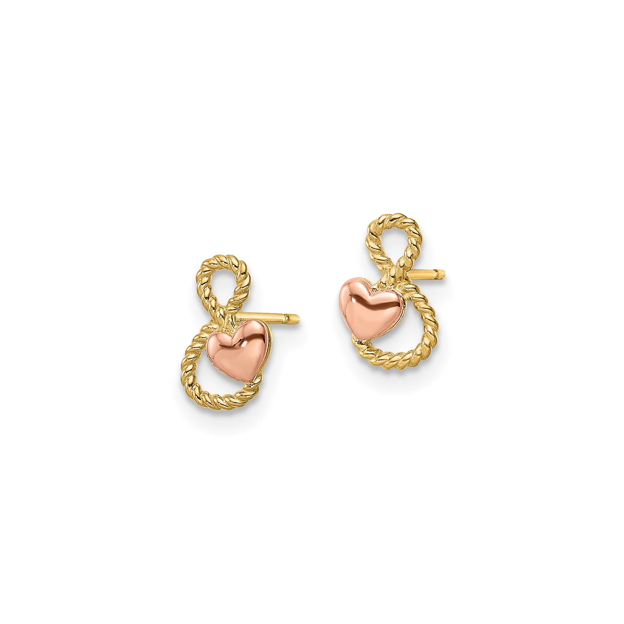 14k Two-Tone Gold Stud Earrings with Rose Gold Heart and Infinity Rope Design