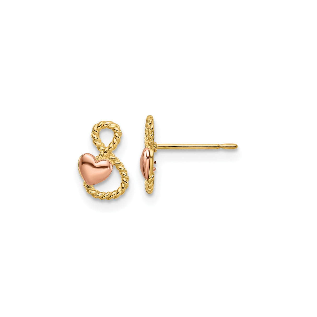 14k Two-Tone Gold Stud Earrings with Rose Gold Heart and Infinity Rope Design
