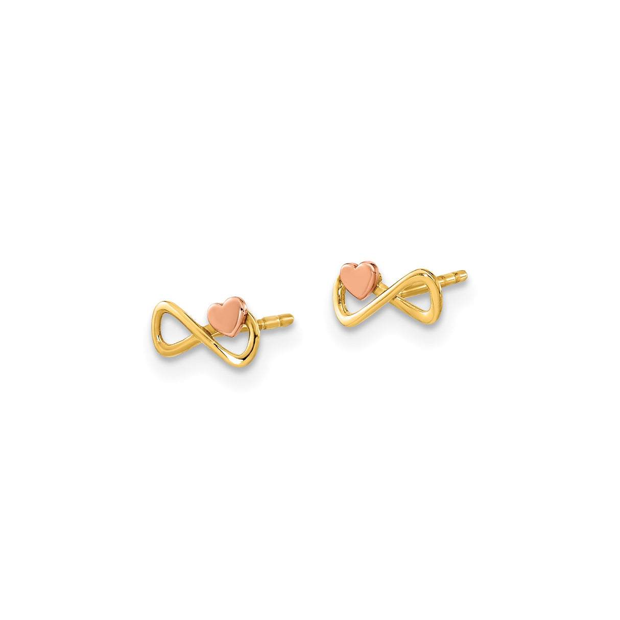 14k Two-Tone Gold Infinity Heart Stud Earrings, Rose Gold Intertwined Design, Romantic Style