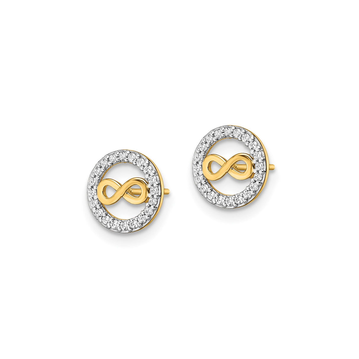 14k Yellow Gold Stud Earrings with Cubic Zirconia, Infinity Symbol in Circle Design