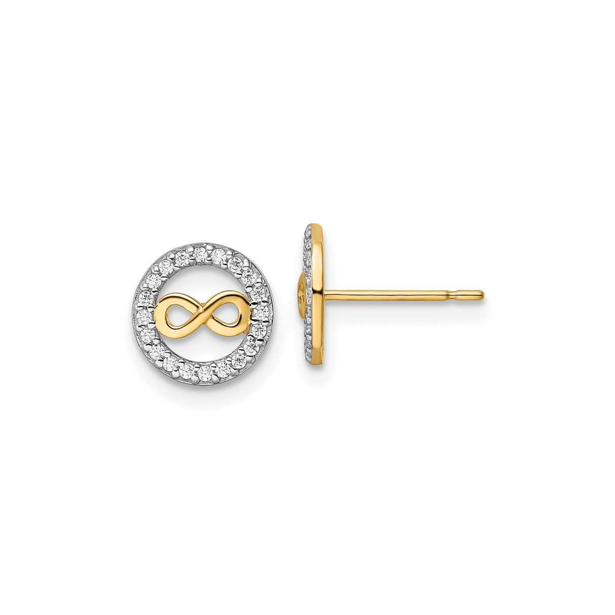 14k Yellow Gold Stud Earrings with Cubic Zirconia, Infinity Symbol in Circle Design