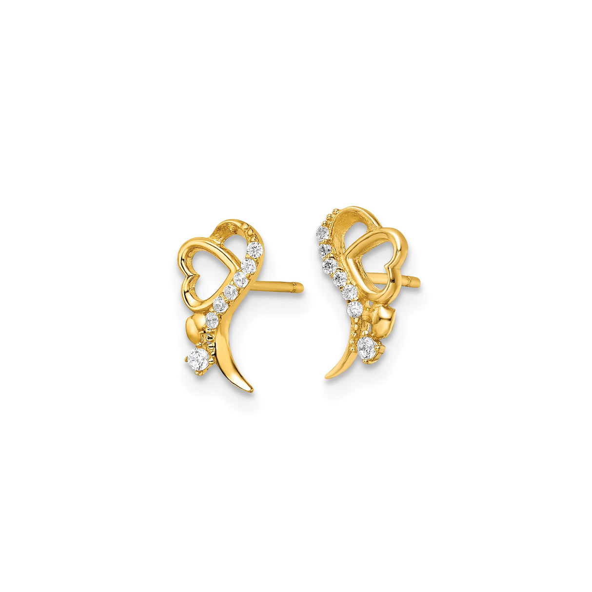 14k Yellow Gold Heart Stud Earrings with Cubic Zirconia Accents for Women