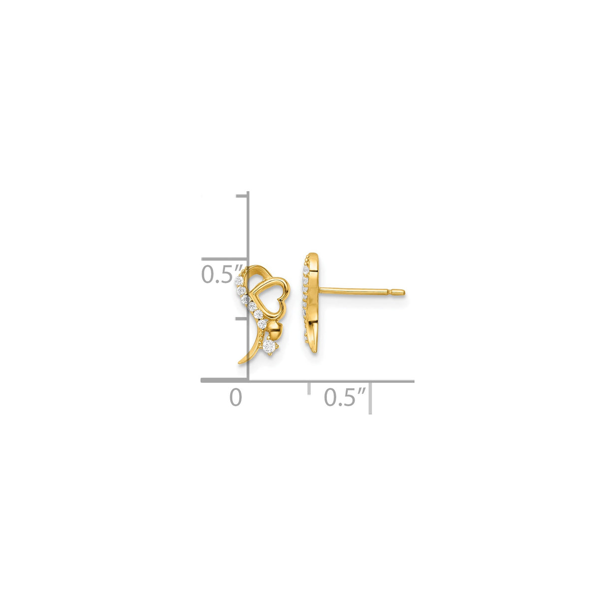 14k Yellow Gold Heart Stud Earrings with Cubic Zirconia Accents for Women