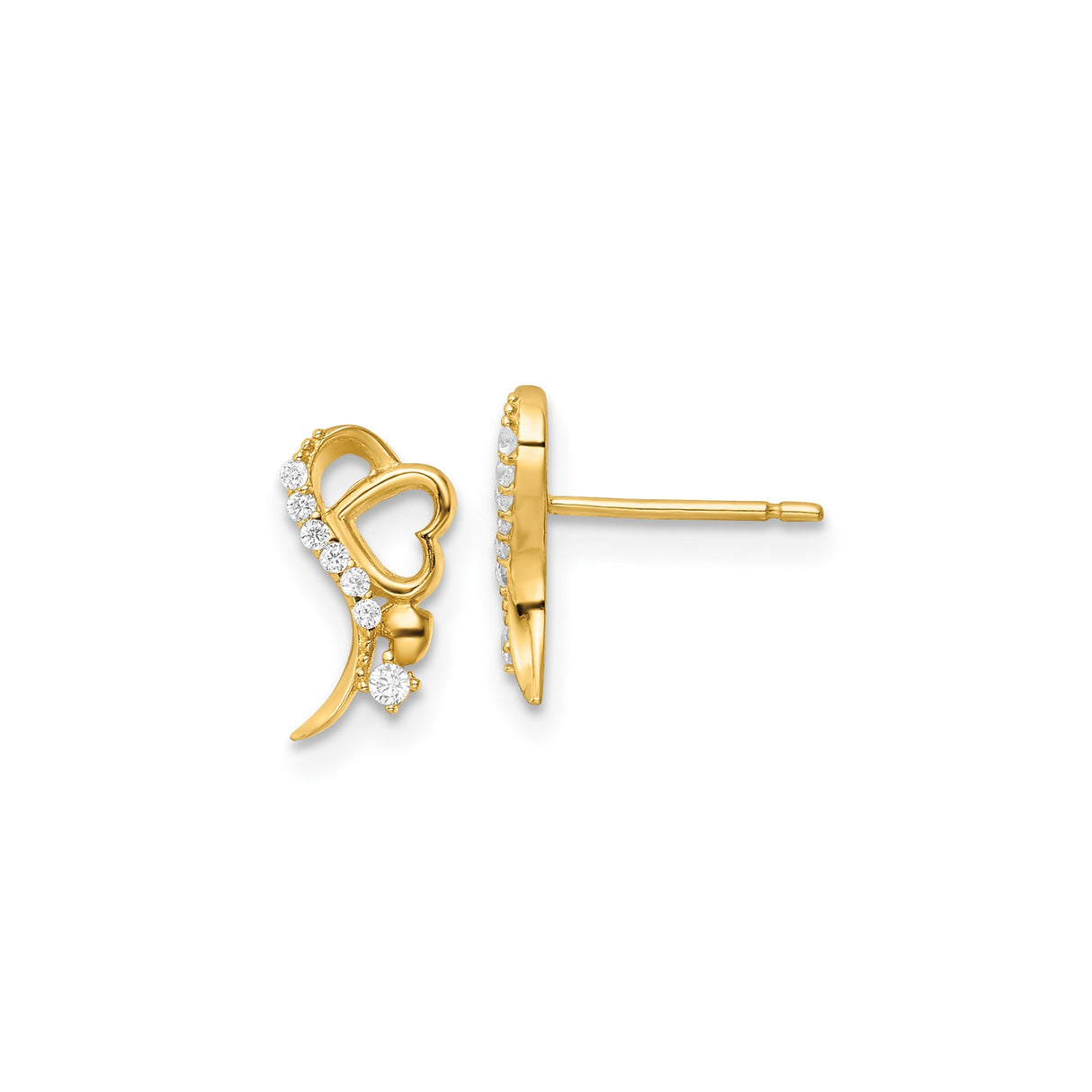 14k Yellow Gold Heart Stud Earrings with Cubic Zirconia Accents for Women