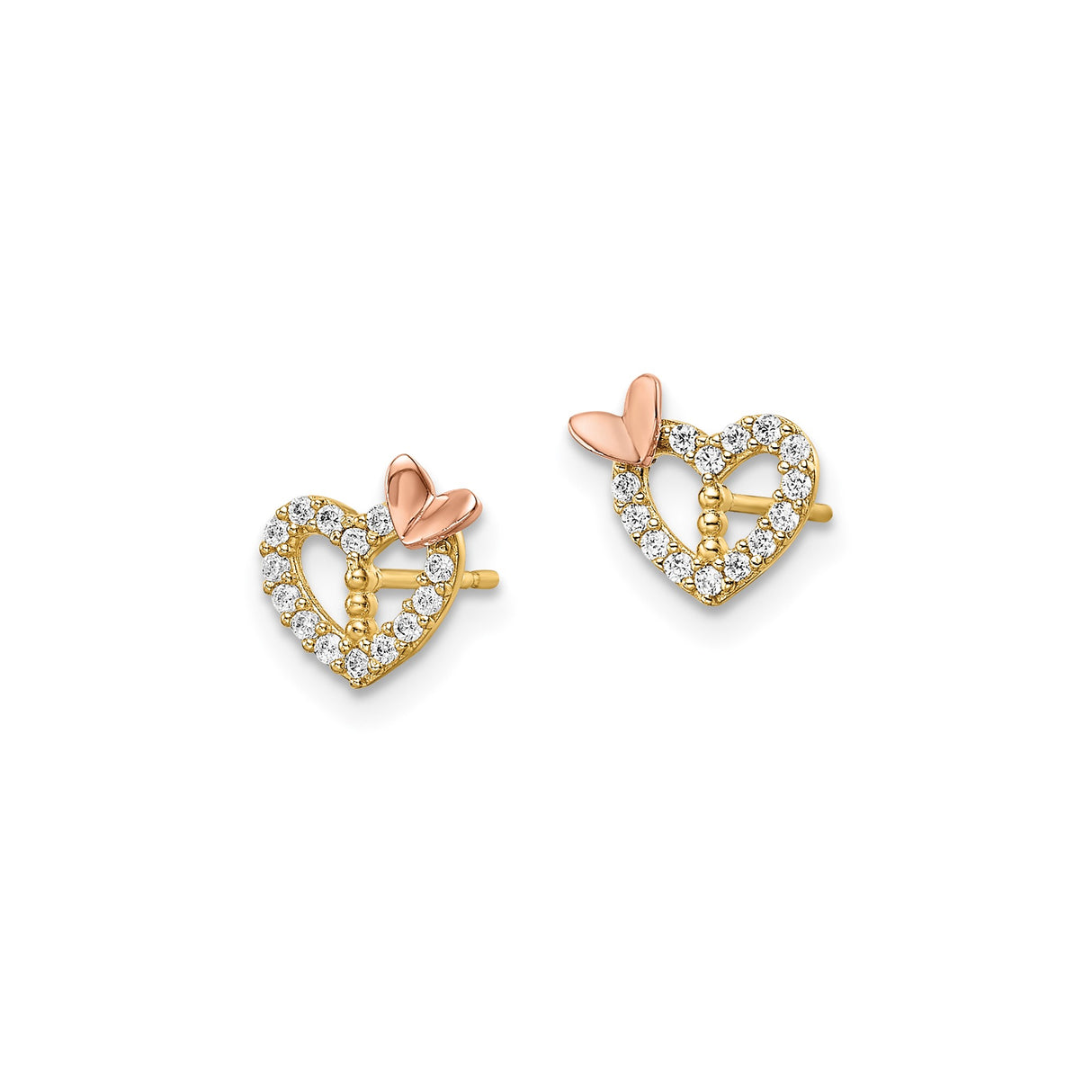 14k Yellow Gold Stud Earrings with Cubic Zirconia, Open Heart and Rose Gold Heart Design