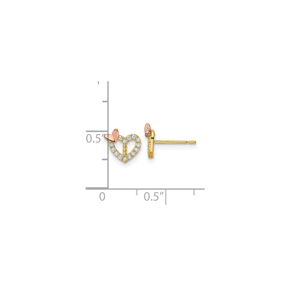 14k Yellow Gold Stud Earrings with Cubic Zirconia, Open Heart and Rose Gold Heart Design
