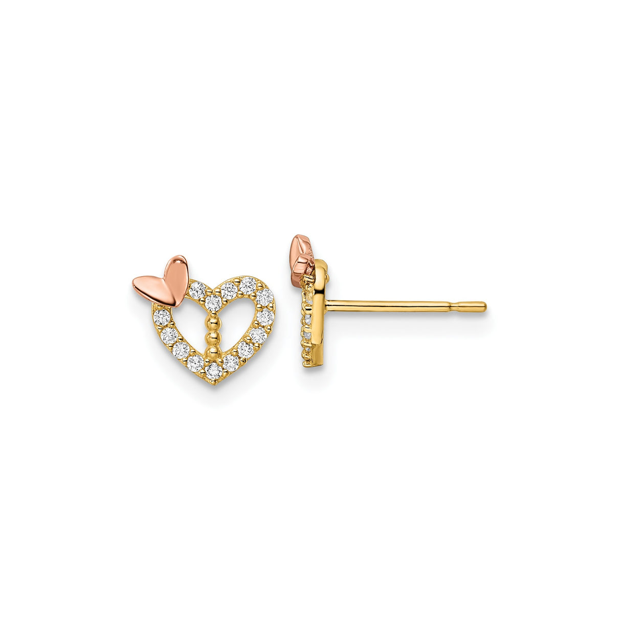 14k Yellow Gold Stud Earrings with Cubic Zirconia, Open Heart and Rose Gold Heart Design