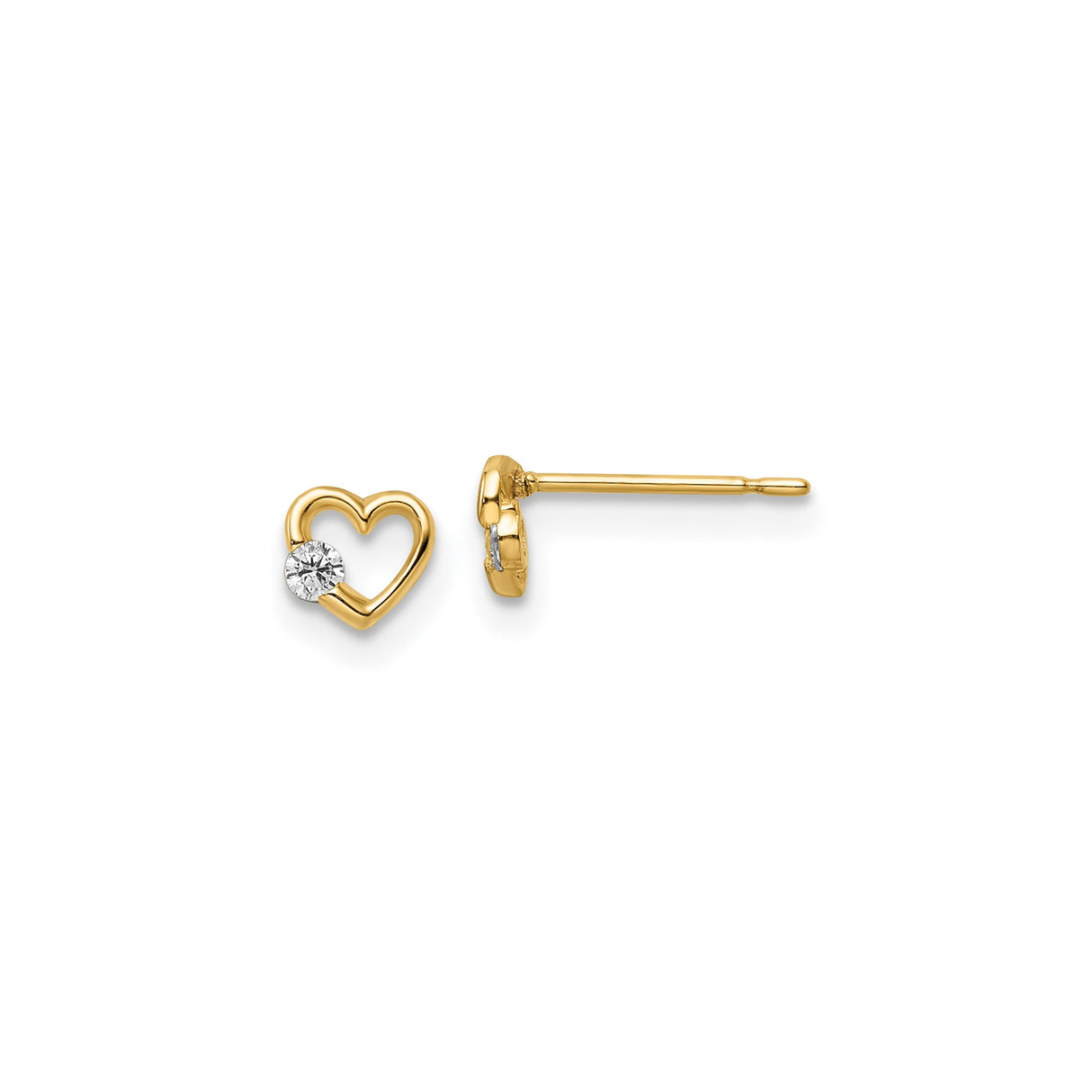 14k Yellow Gold Heart Stud Earrings with Cubic Zirconia Accent, Dainty Romantic Design