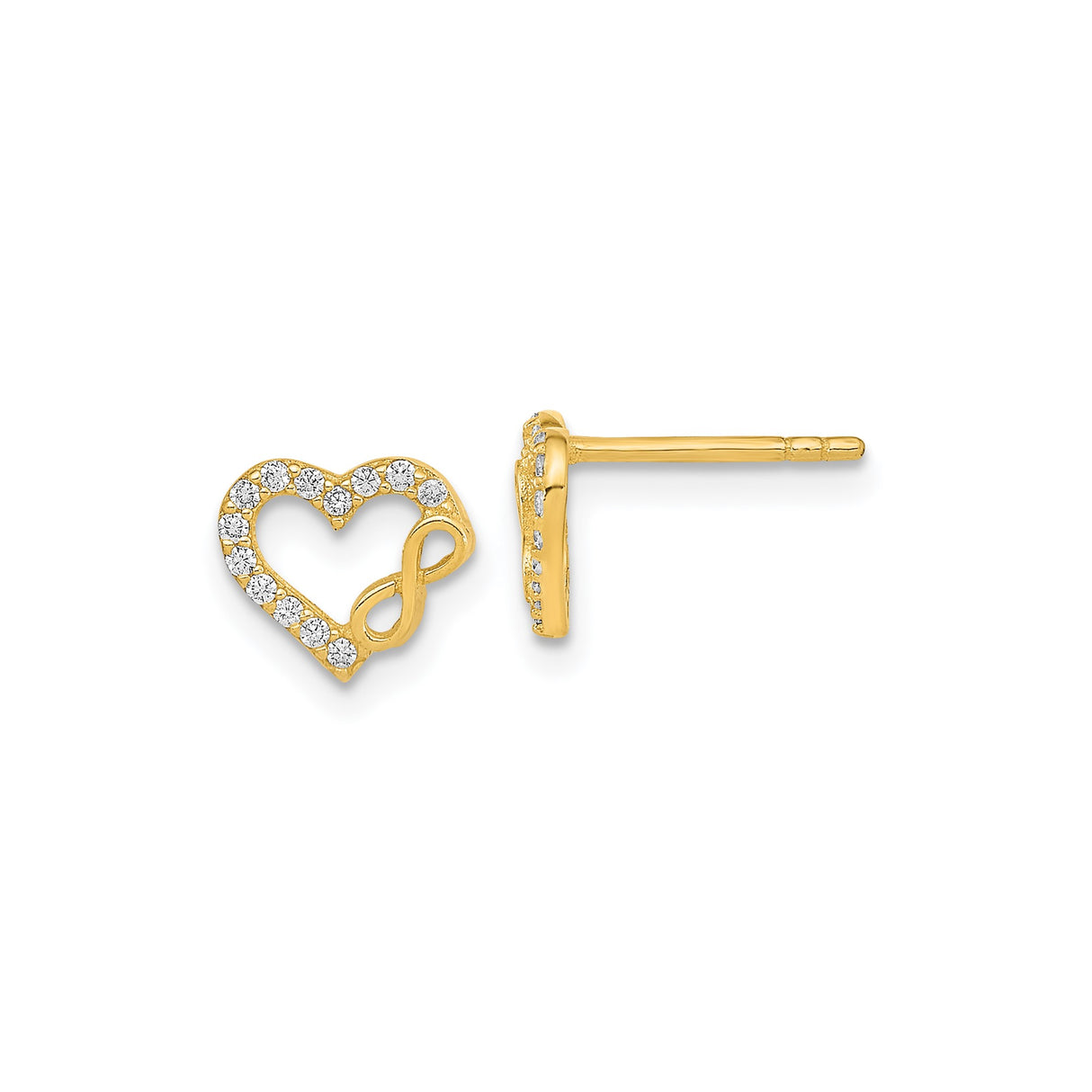 14k Yellow Gold Heart and Infinity Stud Earrings with Cubic Zirconia for Women