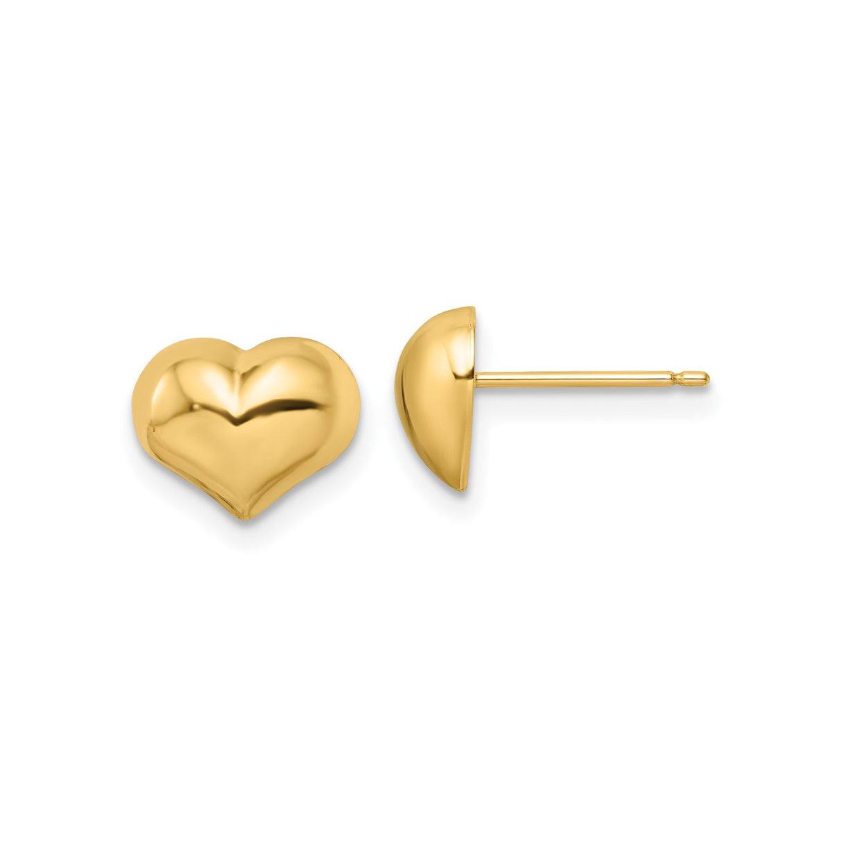 14k Yellow Gold Heart Stud Earrings, Puffy Polished Finish, Minimalist Romantic Style