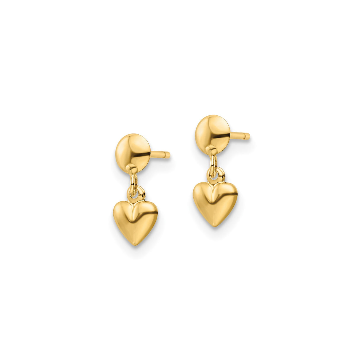 14k Yellow Gold Heart Dangle Stud Earrings with Polished Round Top, Lightweight Drop Design