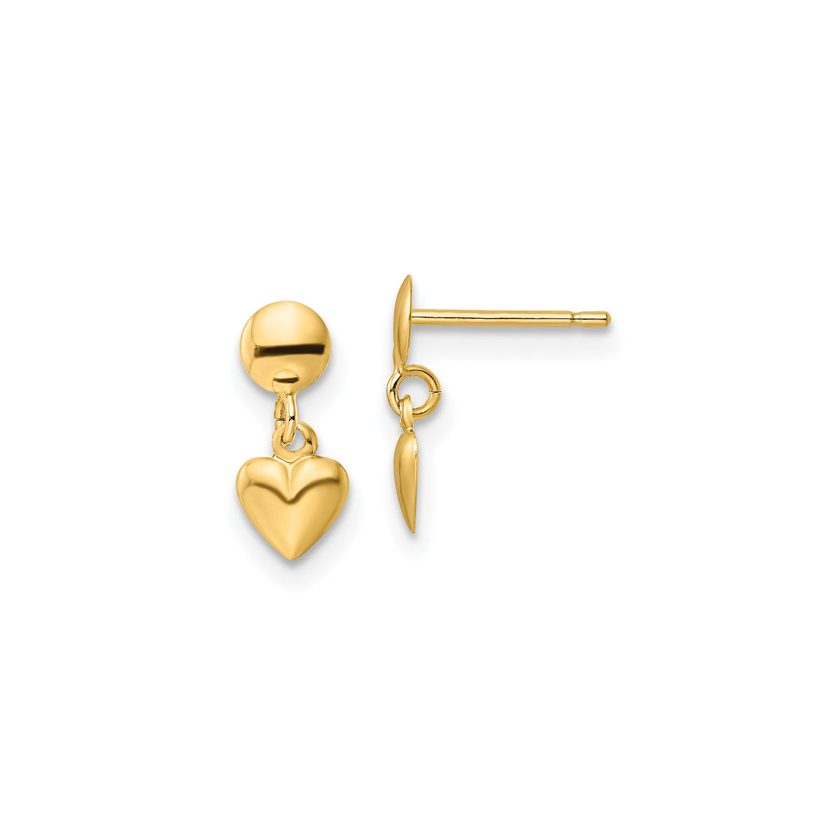 14k Yellow Gold Heart Dangle Stud Earrings with Polished Round Top, Lightweight Drop Design