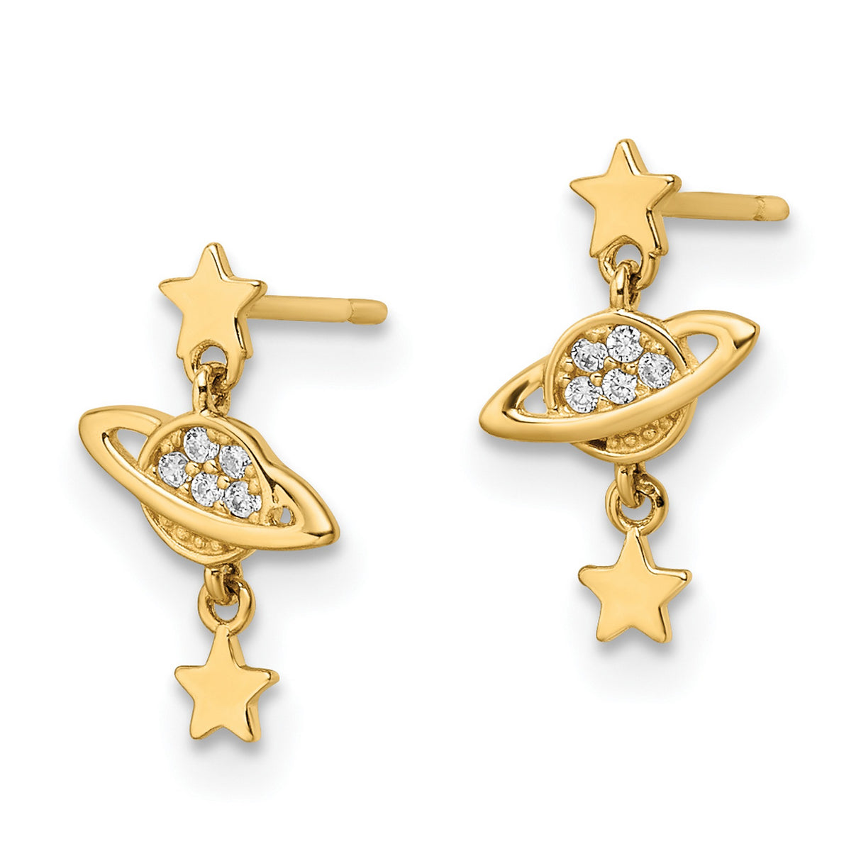 14k Yellow Gold Dangle Earrings with Cubic Zirconia Planet and Star Charms, Celestial Design