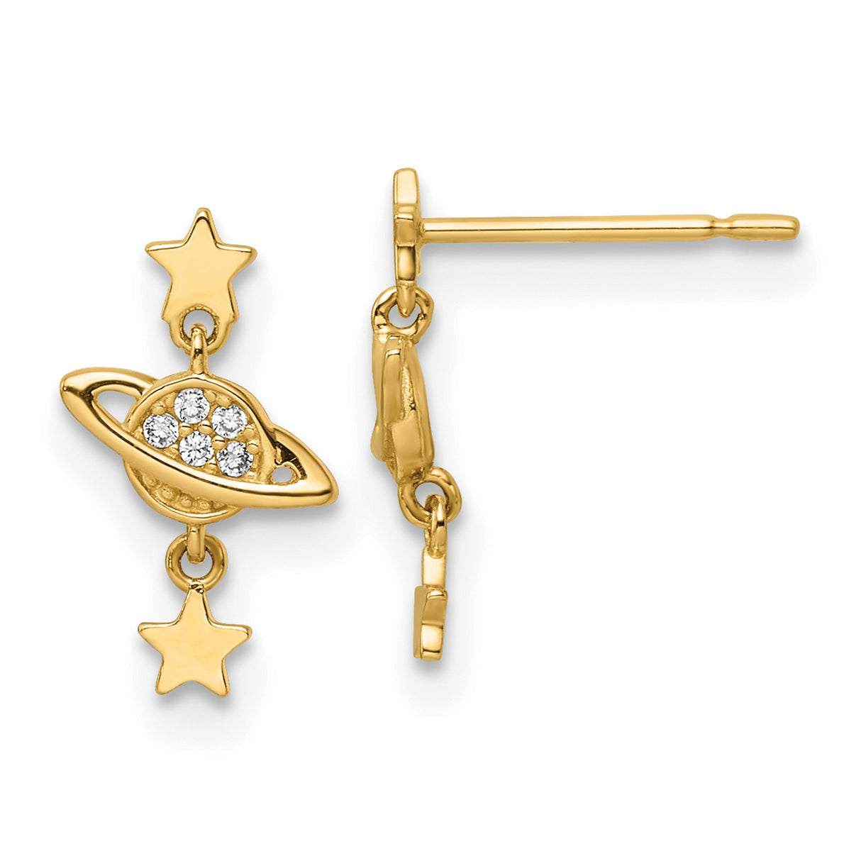 14k Yellow Gold Dangle Earrings with Cubic Zirconia Planet and Star Charms, Celestial Design