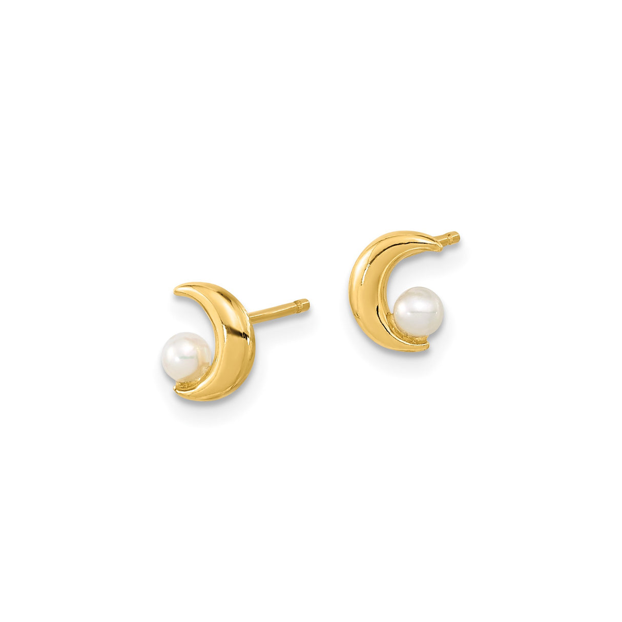 14k Yellow Gold Crescent Moon Pearl Stud Earrings, Celestial Dainty Jewelry for Women