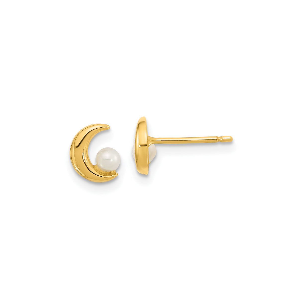 14k Yellow Gold Crescent Moon Pearl Stud Earrings, Celestial Dainty Jewelry for Women