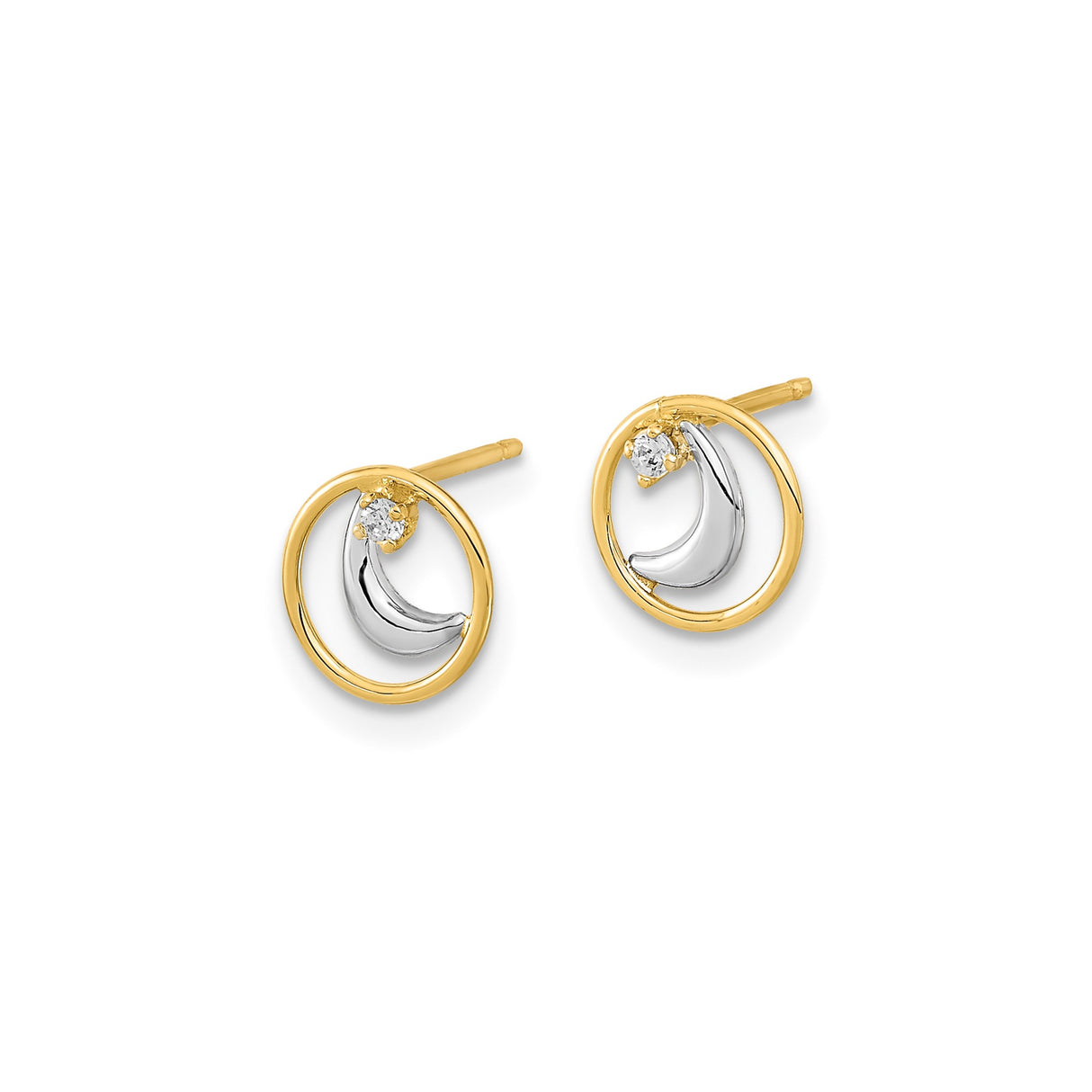 14k Yellow Gold Crescent Moon Stud Earrings with Cubic Zirconia, Open Circle Celestial Design