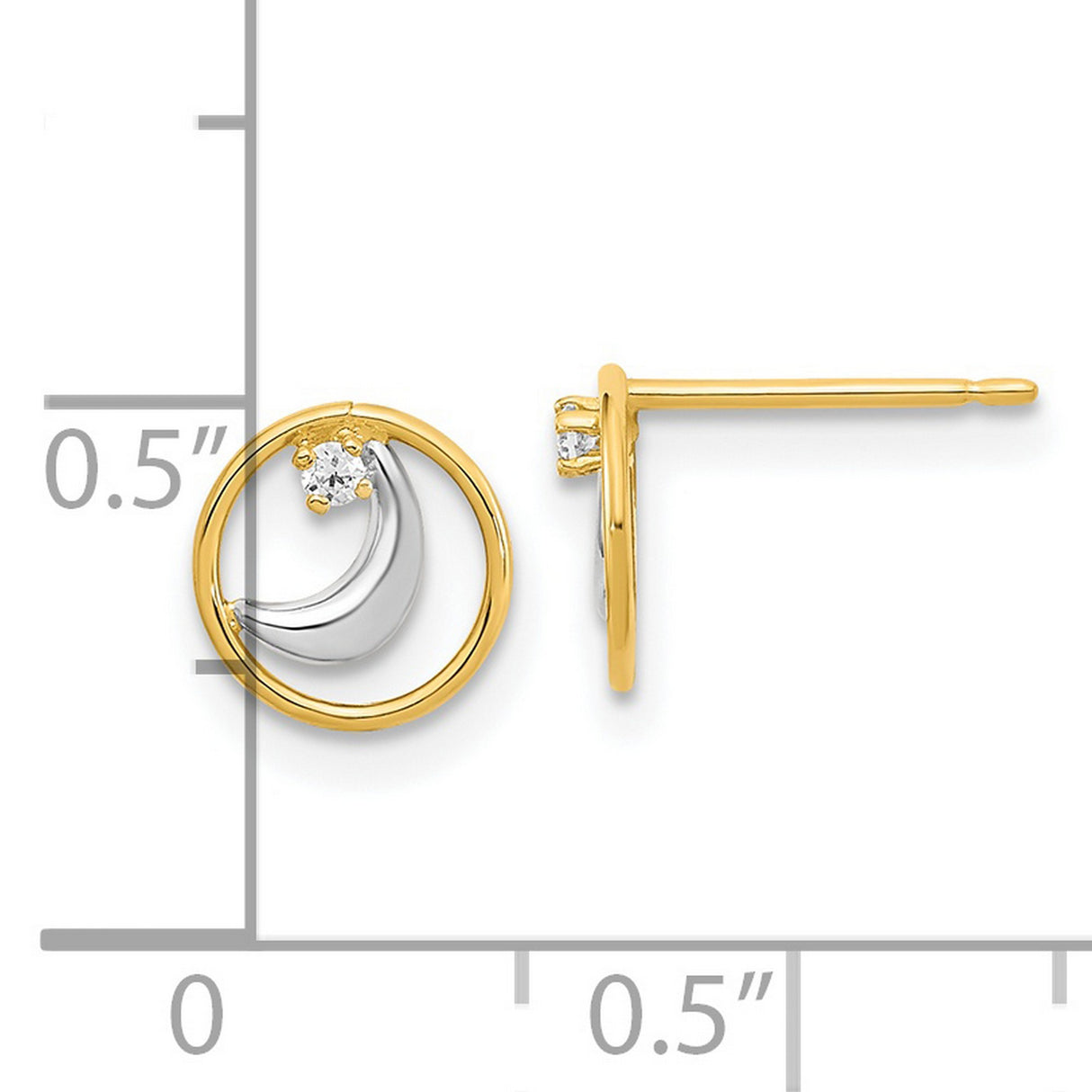 14k Yellow Gold Crescent Moon Stud Earrings with Cubic Zirconia, Open Circle Celestial Design