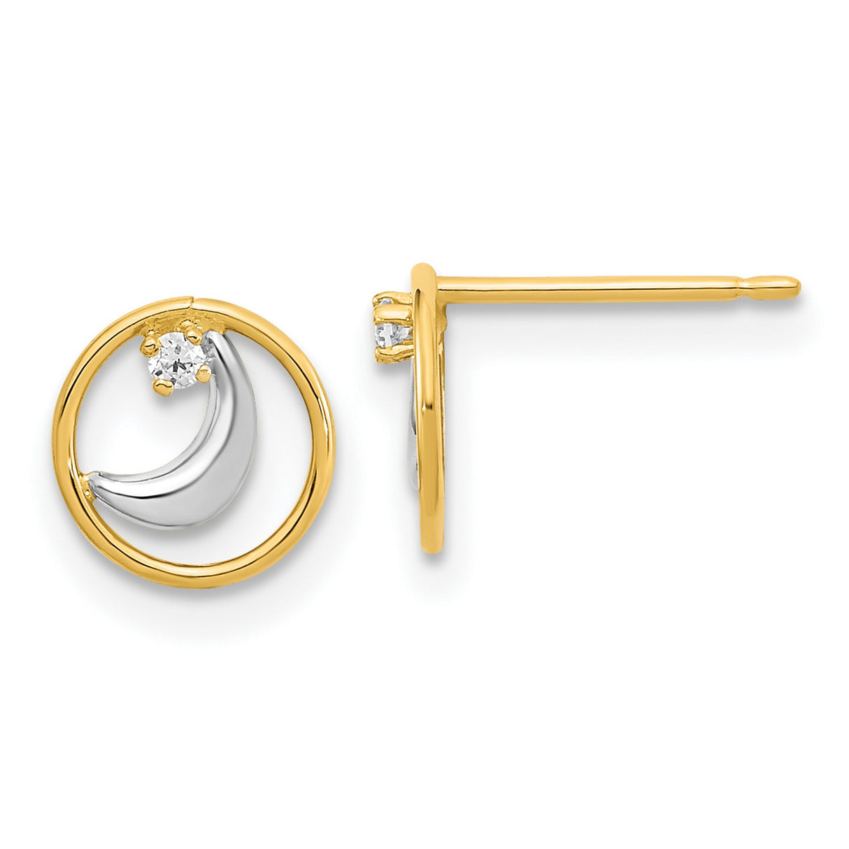 14k Yellow Gold Crescent Moon Stud Earrings with Cubic Zirconia, Open Circle Celestial Design