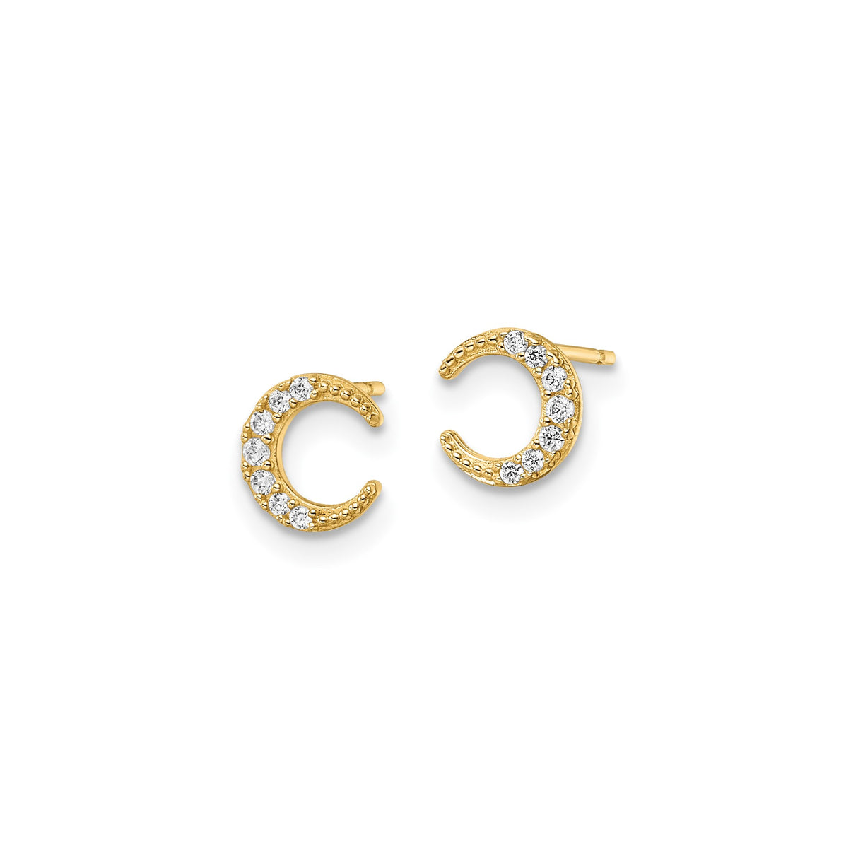 14k Yellow Gold Crescent Moon Stud Earrings with Cubic Zirconia Accents, Celestial Design