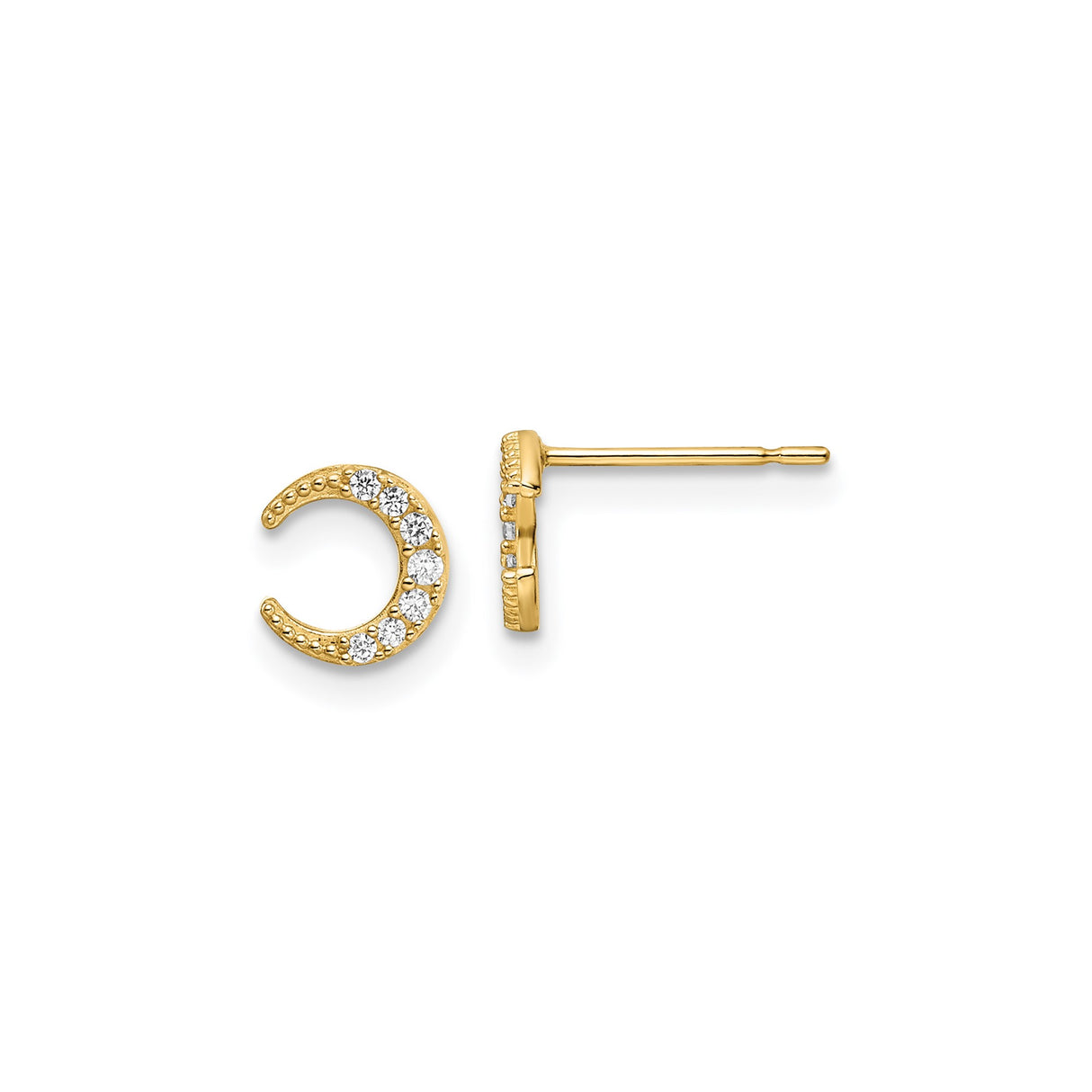 14k Yellow Gold Crescent Moon Stud Earrings with Cubic Zirconia Accents, Celestial Design