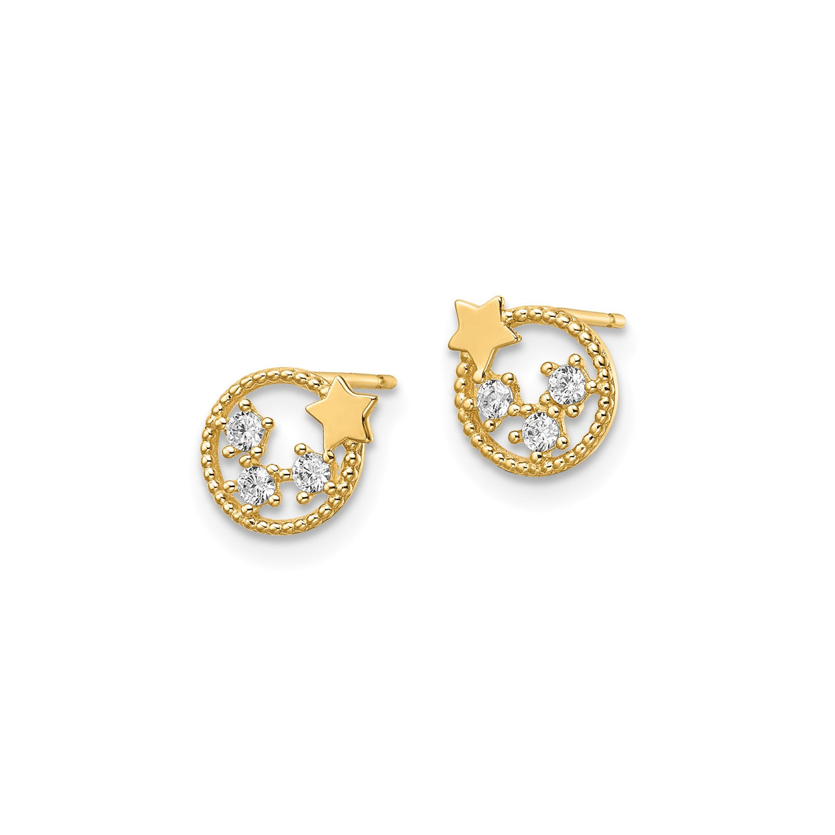 14k Yellow Gold Stud Earrings with Cubic Zirconia, Star Motif and Constellation Design