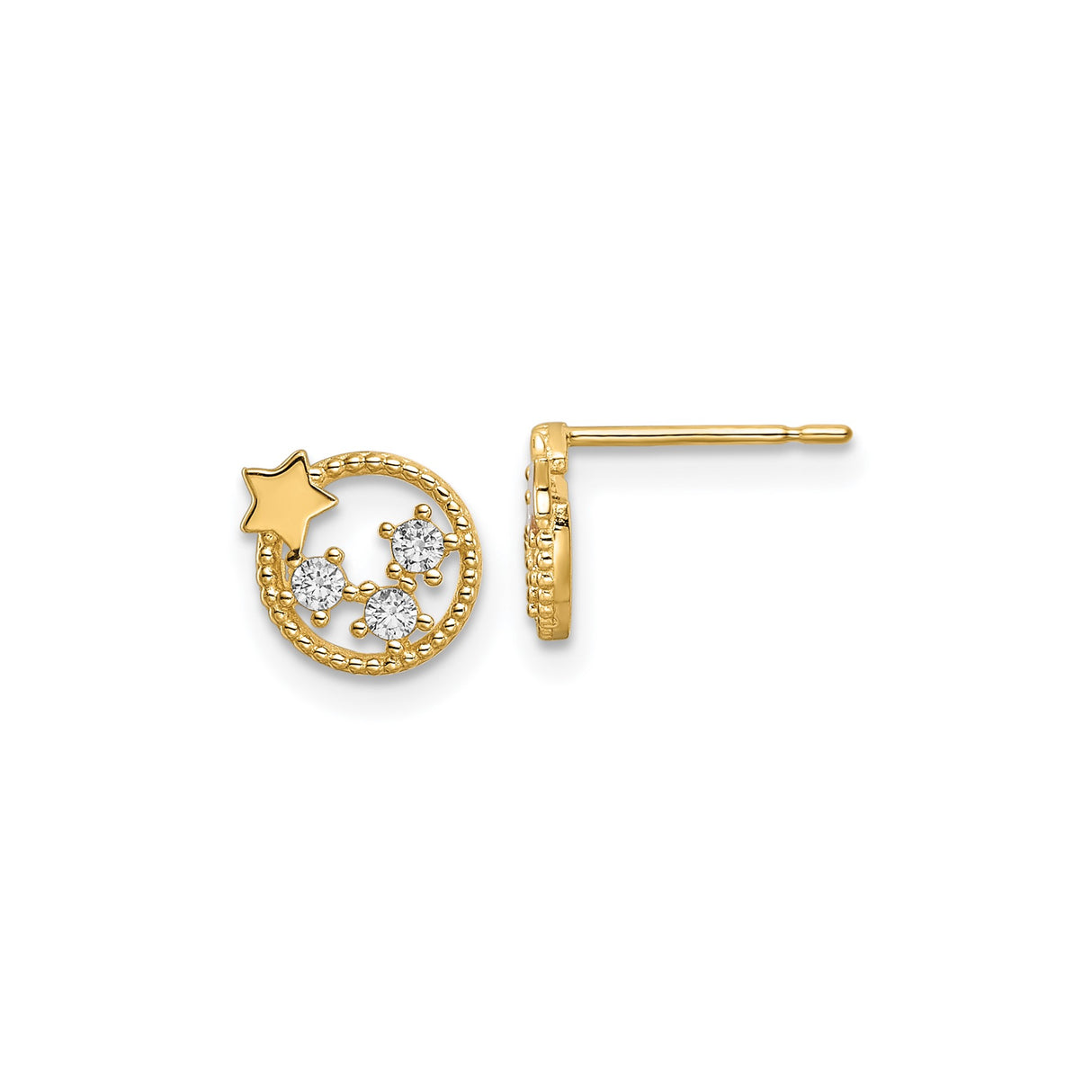 14k Yellow Gold Stud Earrings with Cubic Zirconia, Star Motif and Constellation Design