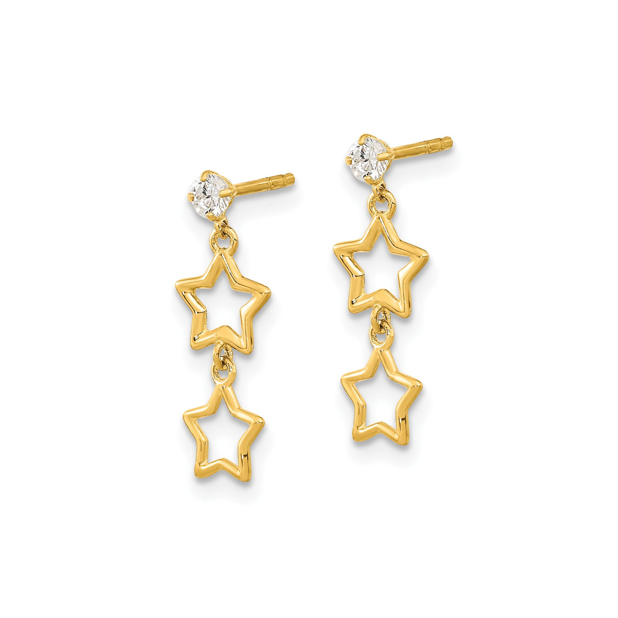 14k Yellow Gold Dangle Earrings with Cubic Zirconia and Open Star Charms