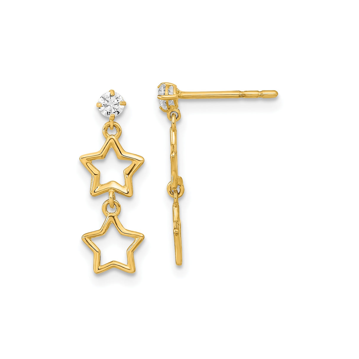 14k Yellow Gold Dangle Earrings with Cubic Zirconia and Open Star Charms