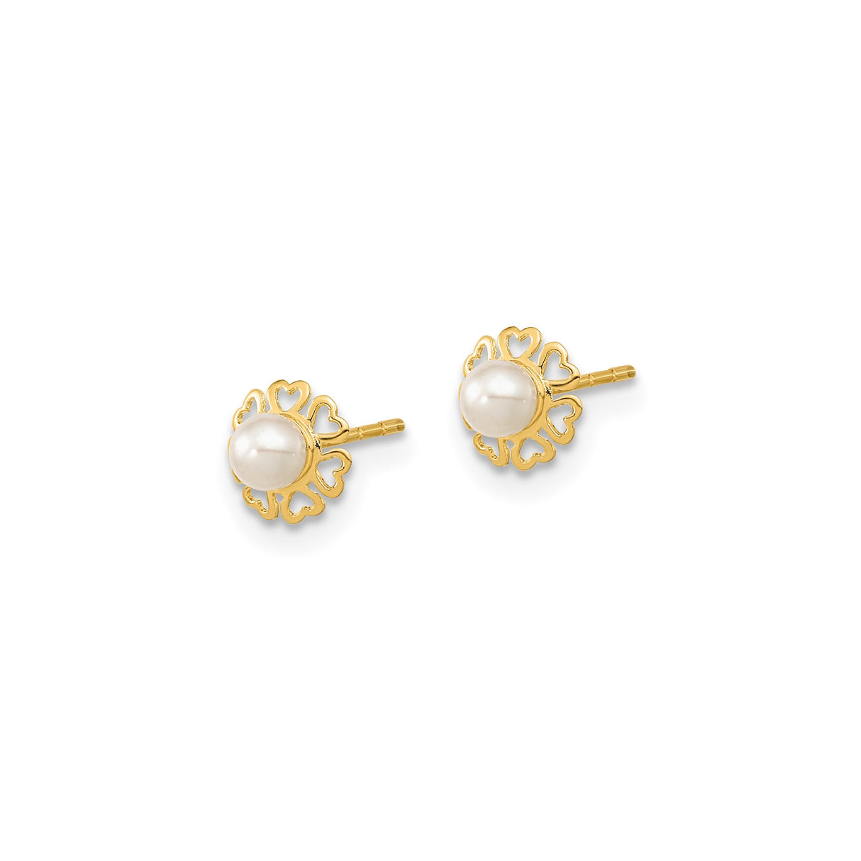 14k Yellow Gold Stud Earrings with White Pearl Center and Open Heart Design for Women