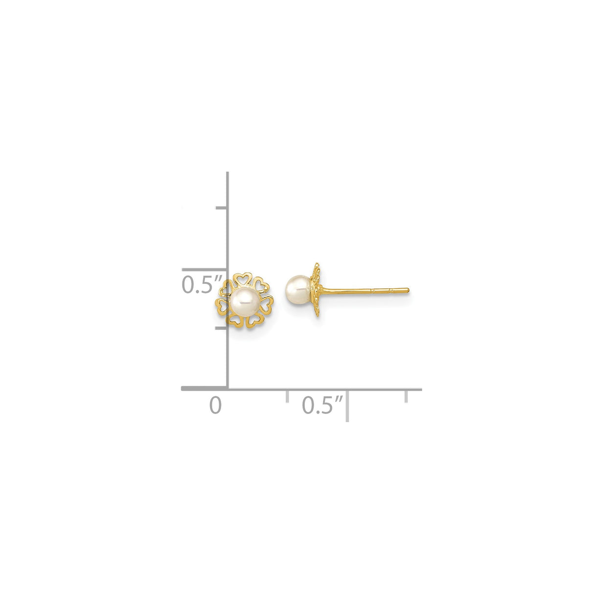 14k Yellow Gold Stud Earrings with White Pearl Center and Open Heart Design for Women