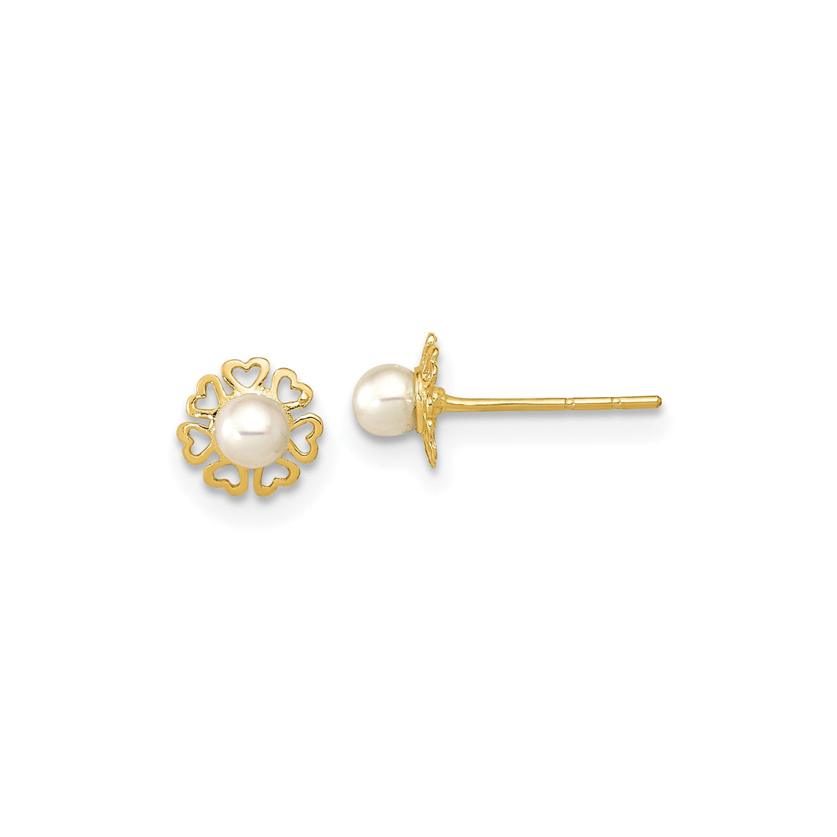 14k Yellow Gold Stud Earrings with White Pearl Center and Open Heart Design for Women