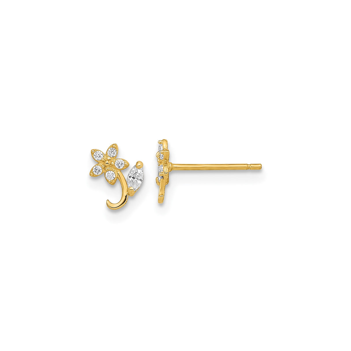 14k Yellow Gold Flower Stud Earrings with Cubic Zirconia, Delicate Floral Design for Women