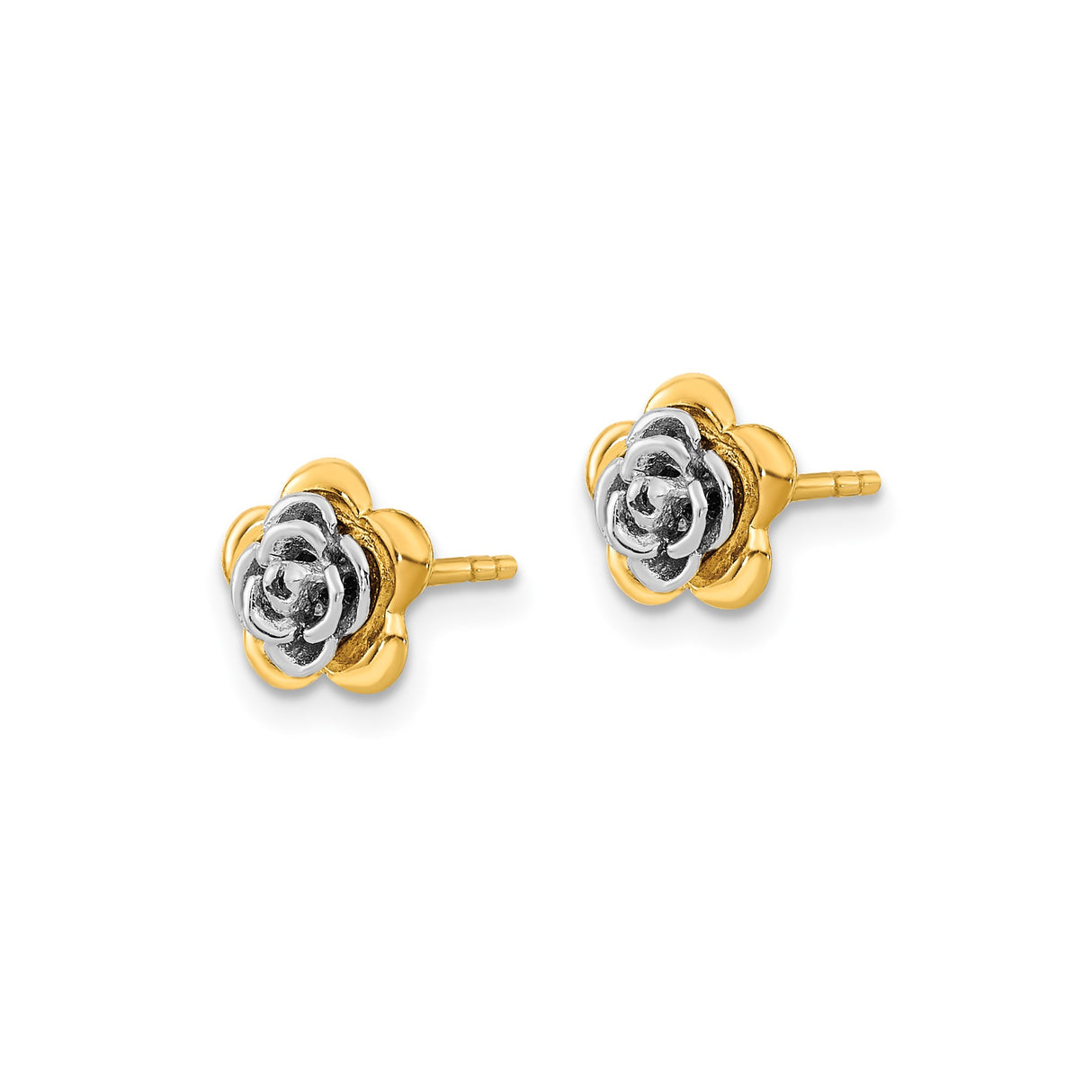 14k Two-Tone Gold Flower Stud Earrings, Yellow and White Gold Rose Design for Women