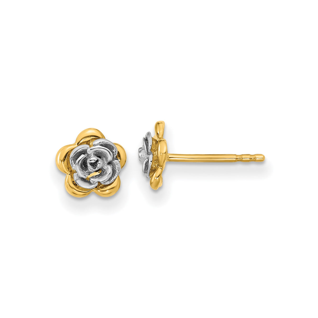 14k Two-Tone Gold Flower Stud Earrings, Yellow and White Gold Rose Design for Women