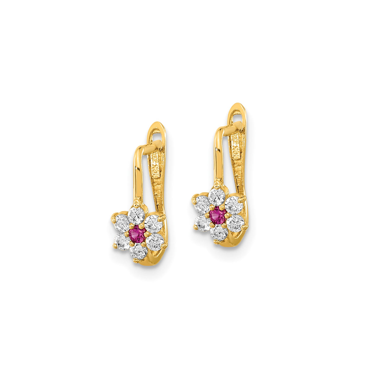 14k Yellow Gold Hoop Earrings with Pink and White Cubic Zirconia, Floral Design for Women
