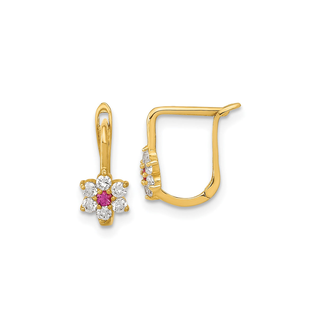 14k Yellow Gold Hoop Earrings with Pink and White Cubic Zirconia, Floral Design for Women